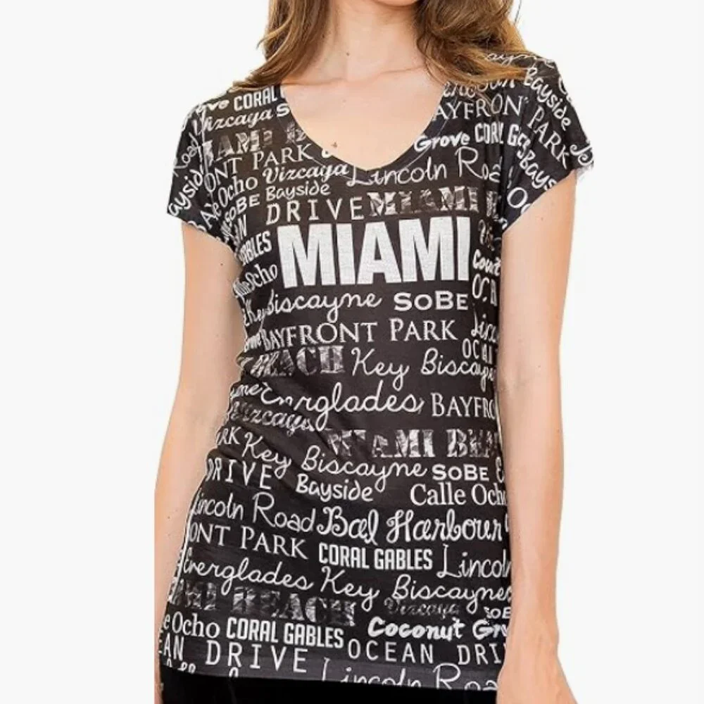 Miami V-Neck Black/White Logo Cute Fun Cities t-Shirt with Rhinestones Size XXL